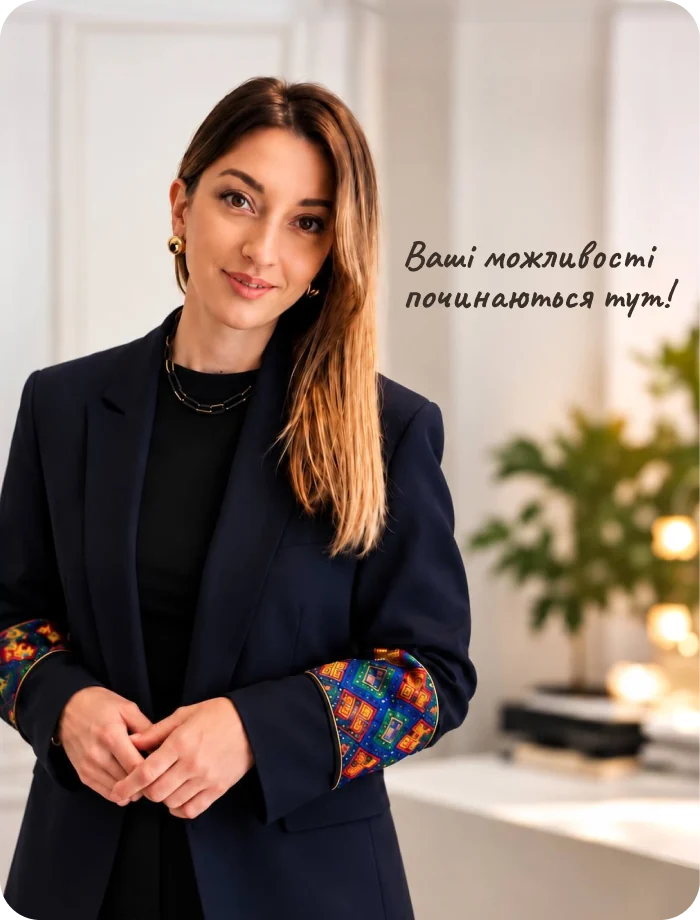 Христина Єлістратова. Напис на фото: «Ваші можливості починаються тут!»